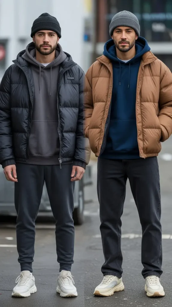 The Classic Hoodie Under Puffer Jacket Look