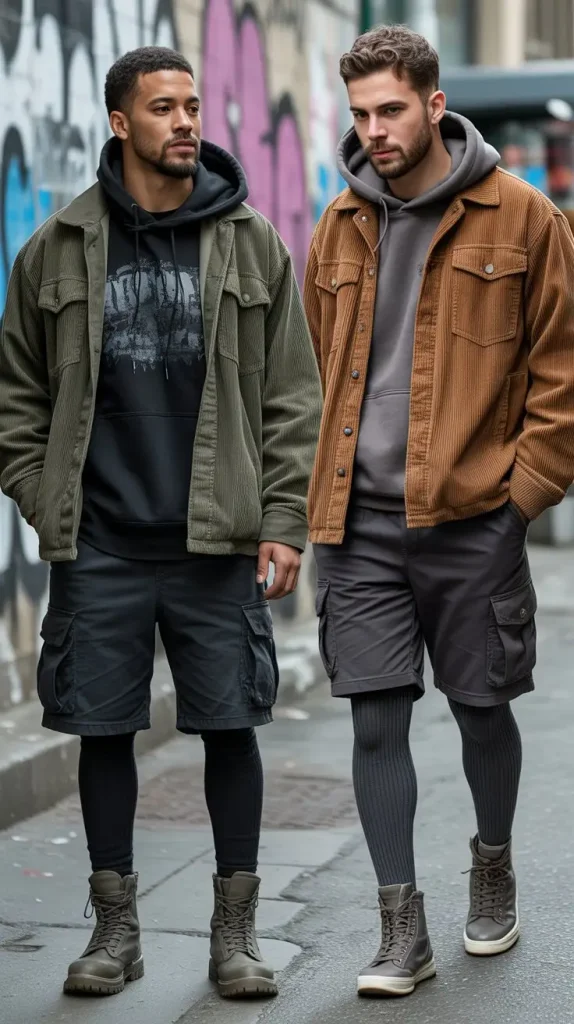 Graphic Hoodie + Corduroy Overshirt + Cargo Shorts with Tights