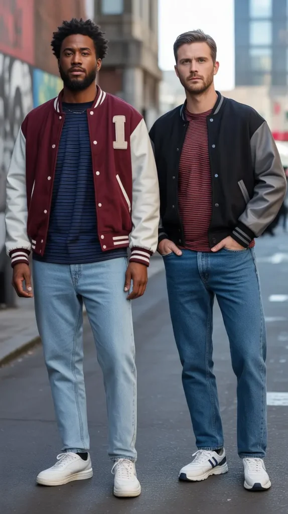 Striped Long Sleeve + Varsity Jacket + Straight Jeans