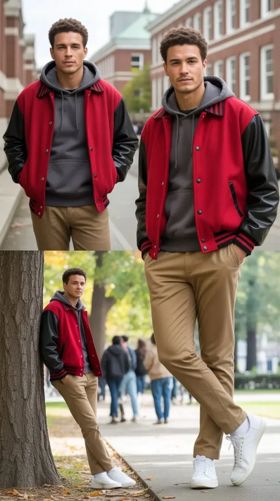 Red Varsity Jacket with Neutral Tones