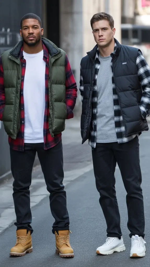 Basic Tee + Long Flannel + Padded Vest + Dark Jeans