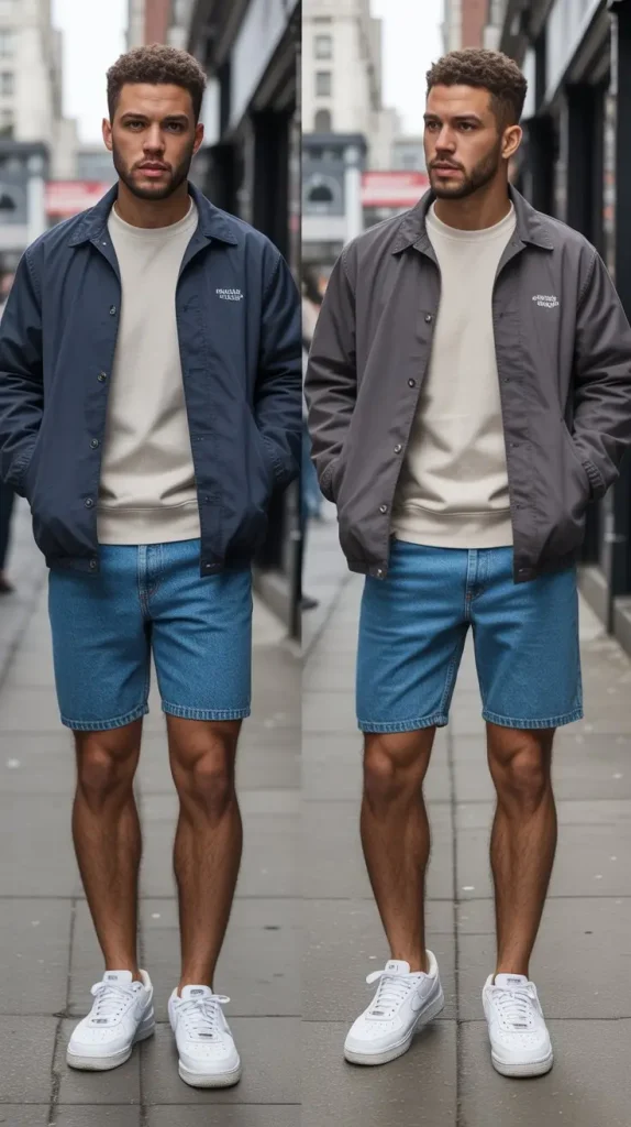 Oversized Coach Jacket + Jorts + Air Force 1s