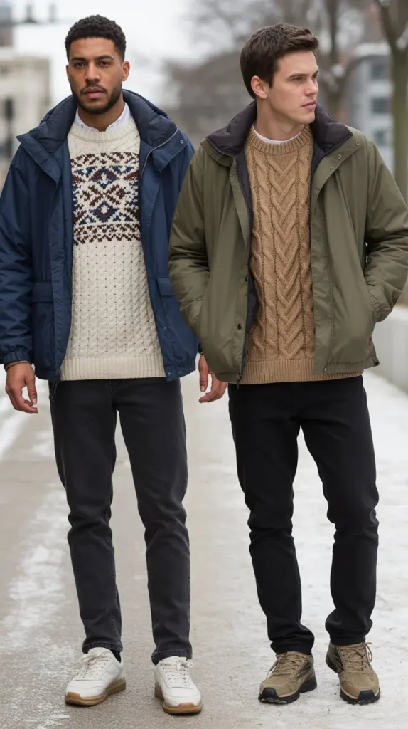 Windbreaker + Chunky Knit Sweater + Slim Jeans