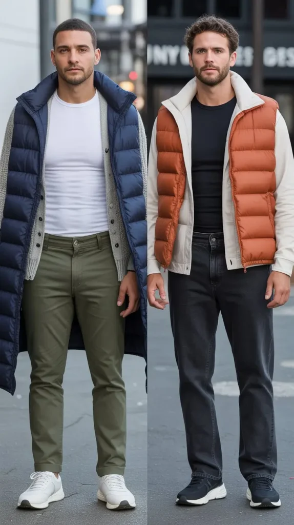  Base Layer Compression Tee + Open Cardigan + Puffer Vest