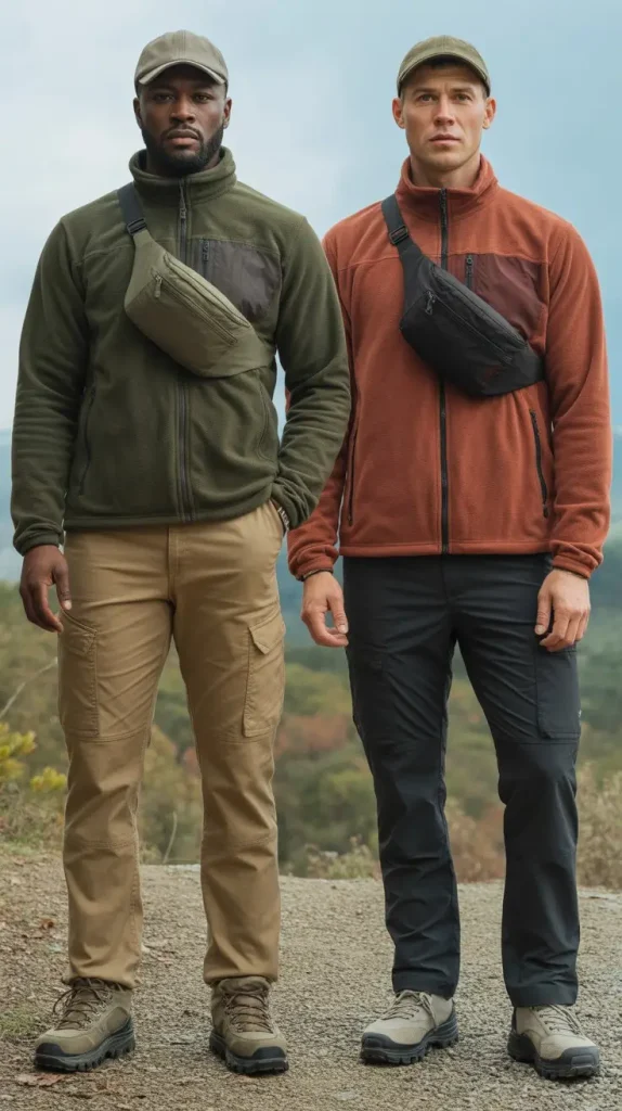Zip-Up Fleece + Cargo Pants + Hiking Boots
