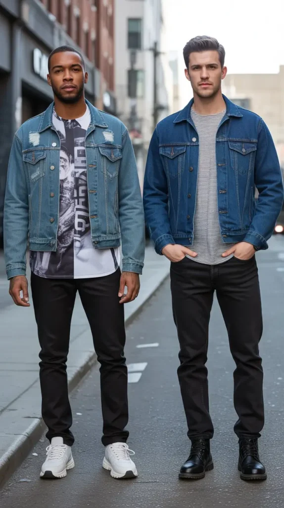 Printed Long Sleeve + Trucker Jacket + Black Jeans