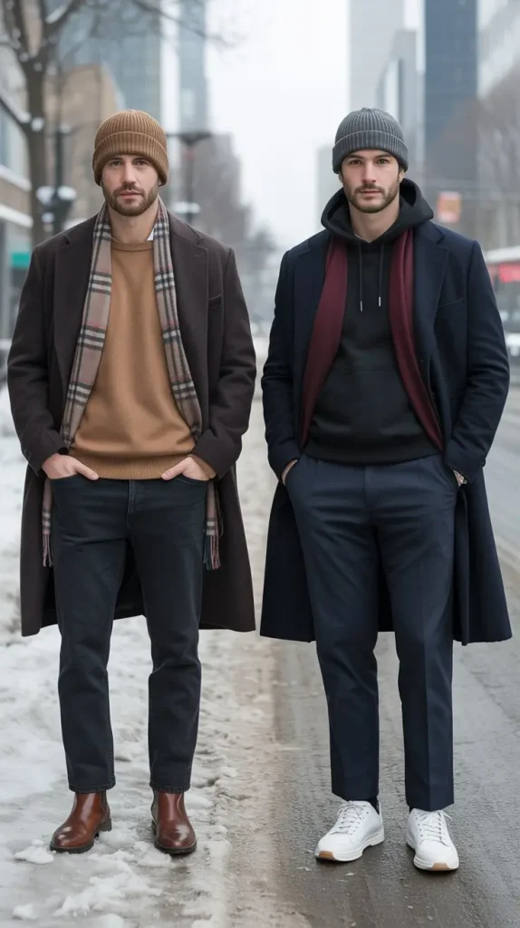  Knit Beanie + Scarf + Layered Coat Outfit