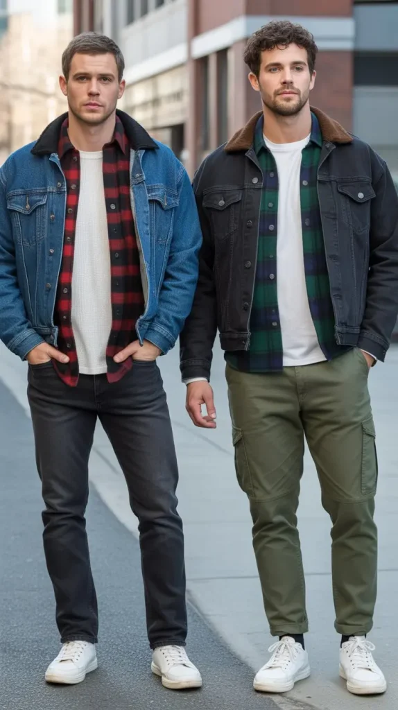 Thermal Undershirt + Flannel Shirt + Denim Jacket