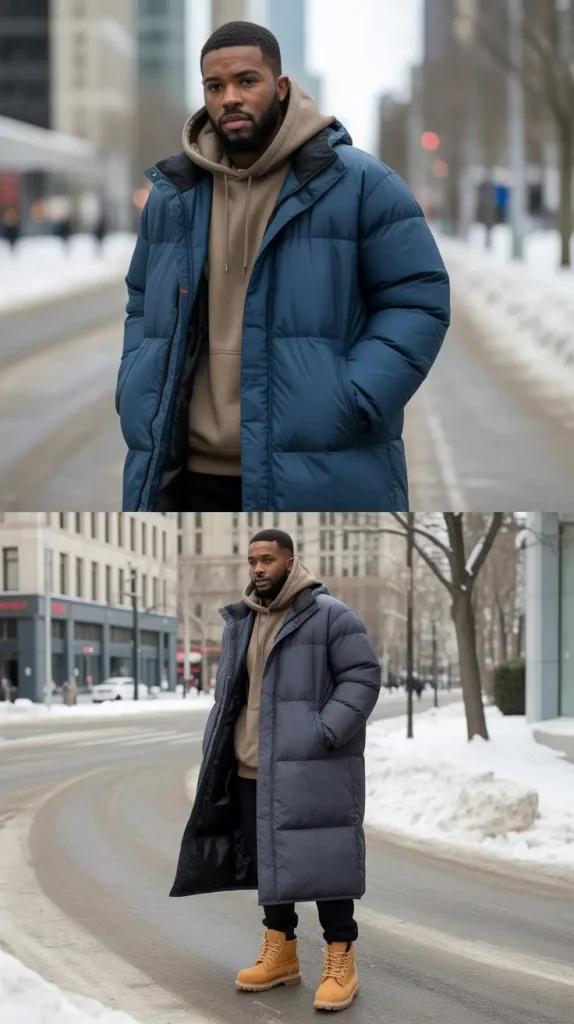 Puffer Jacket Over a Hoodie for Winter Street Drip