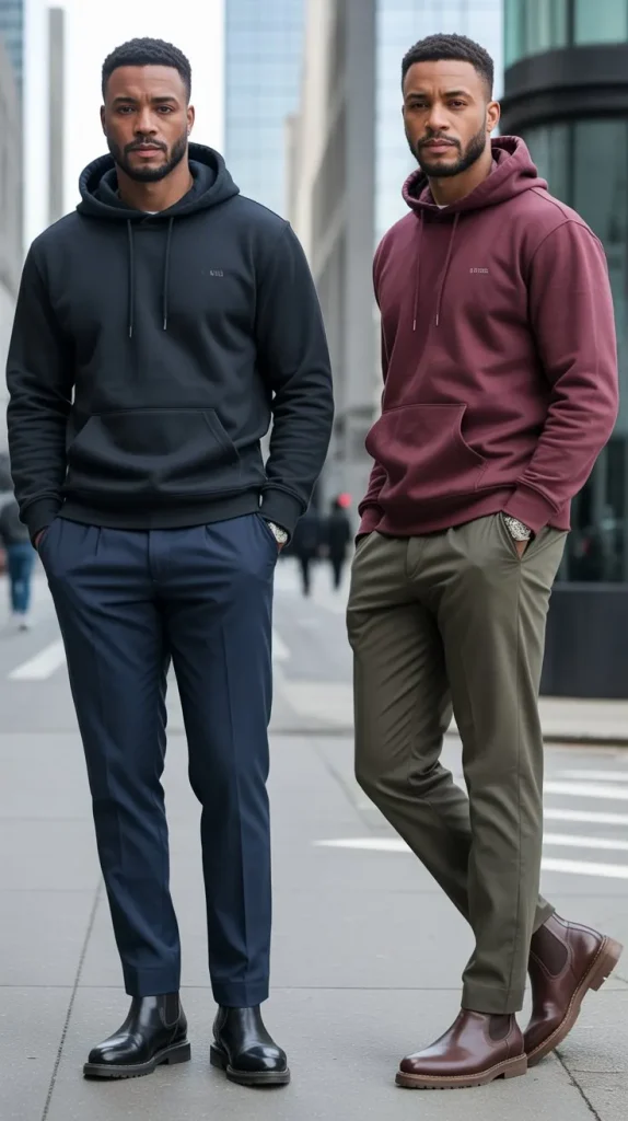 Hoodie and Tailored Trousers Look