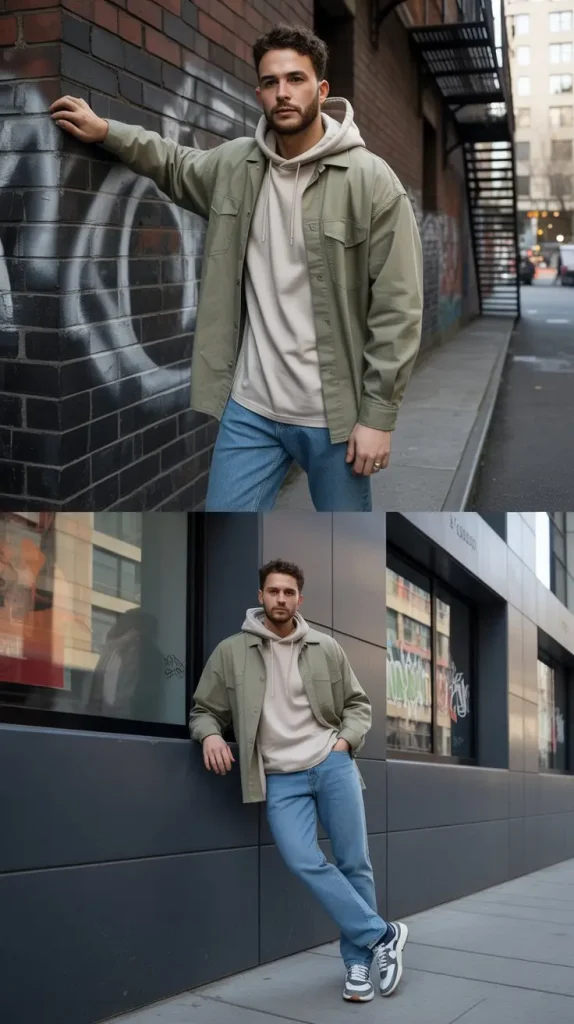 Oversized Button Up As a Jacket Over Hoodie and Jeans