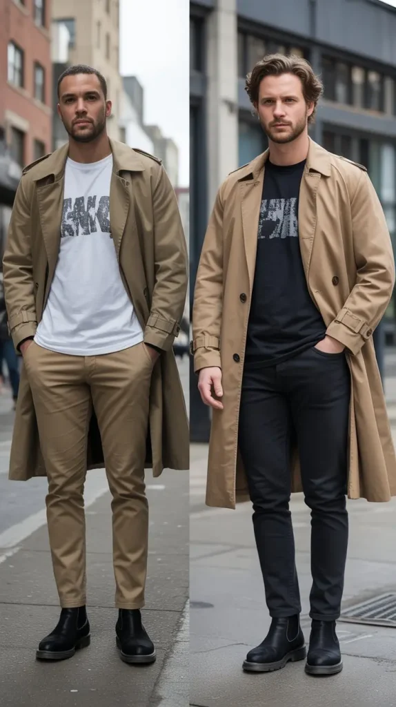 Graphic Tee + Open Overshirt + Trench Coat
