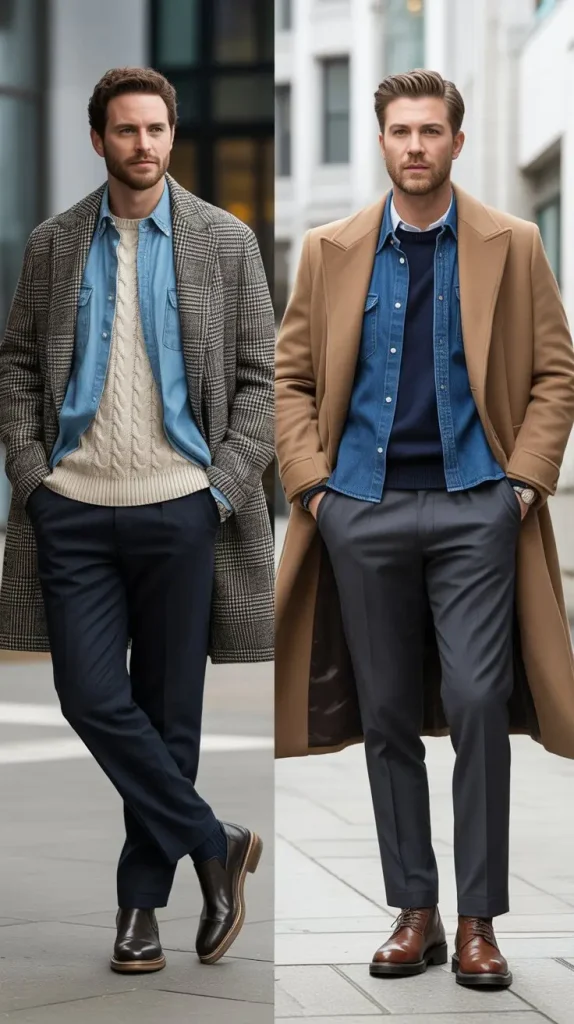  Denim Shirt + Knit Sweater + Statement Coat + Boots
