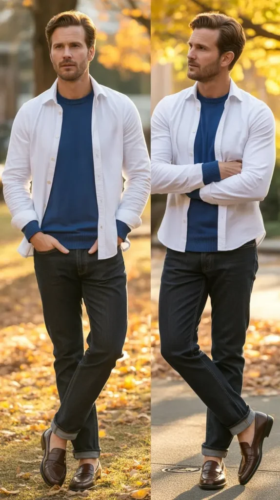 Long Sleeve Shirt Layered Under a Crew Neck Sweater