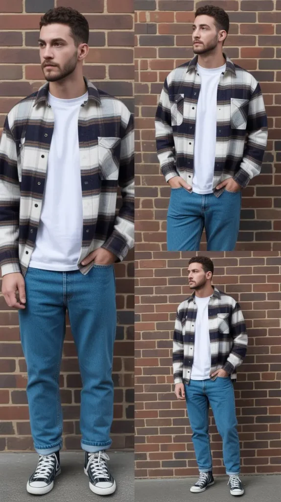 Baggy Flannel Shirt + Jorts + High-Top Sneakers